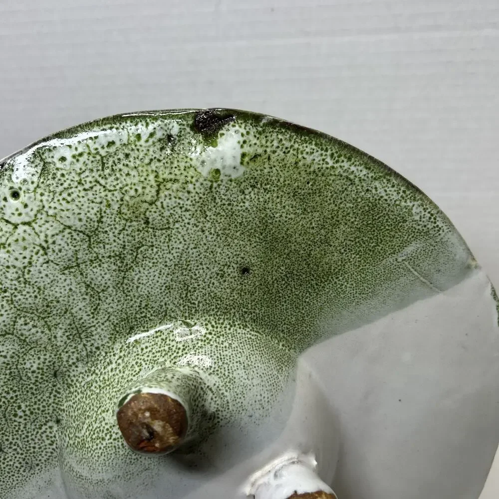 Studio Art Pottery Candle Holder Green White Lava Glaze Centerpiece Footed Sign